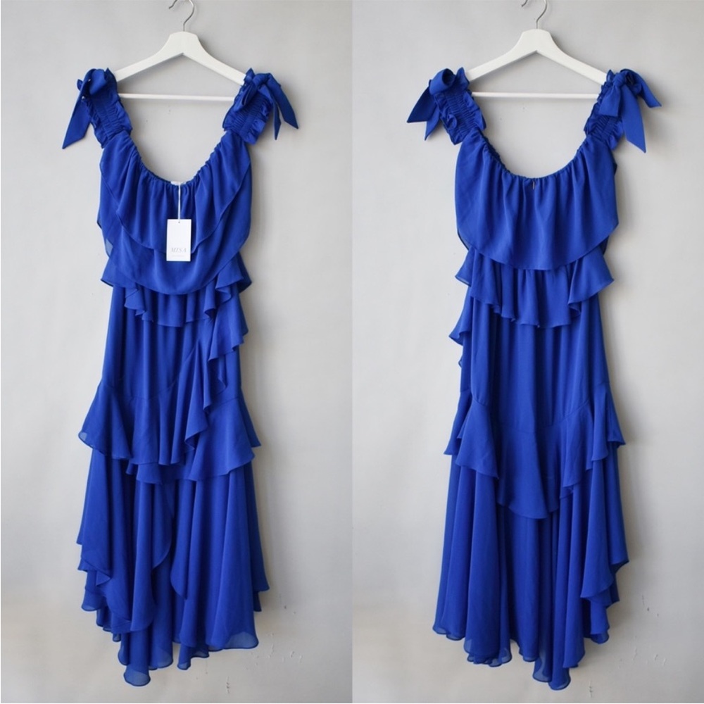 NWT MISA Los Angeles Isidora Dress Sz L Tiered Ruffle Off Shoulder Midi Romantic - Picture 5 of 12
